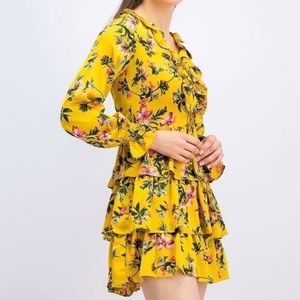 AVEC LES FILLES Yellow Satin Floral Ruffle Tiered Mini Dress